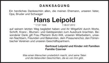 Traueranzeige von Hans Leipold von Pegnitz-Zeitung